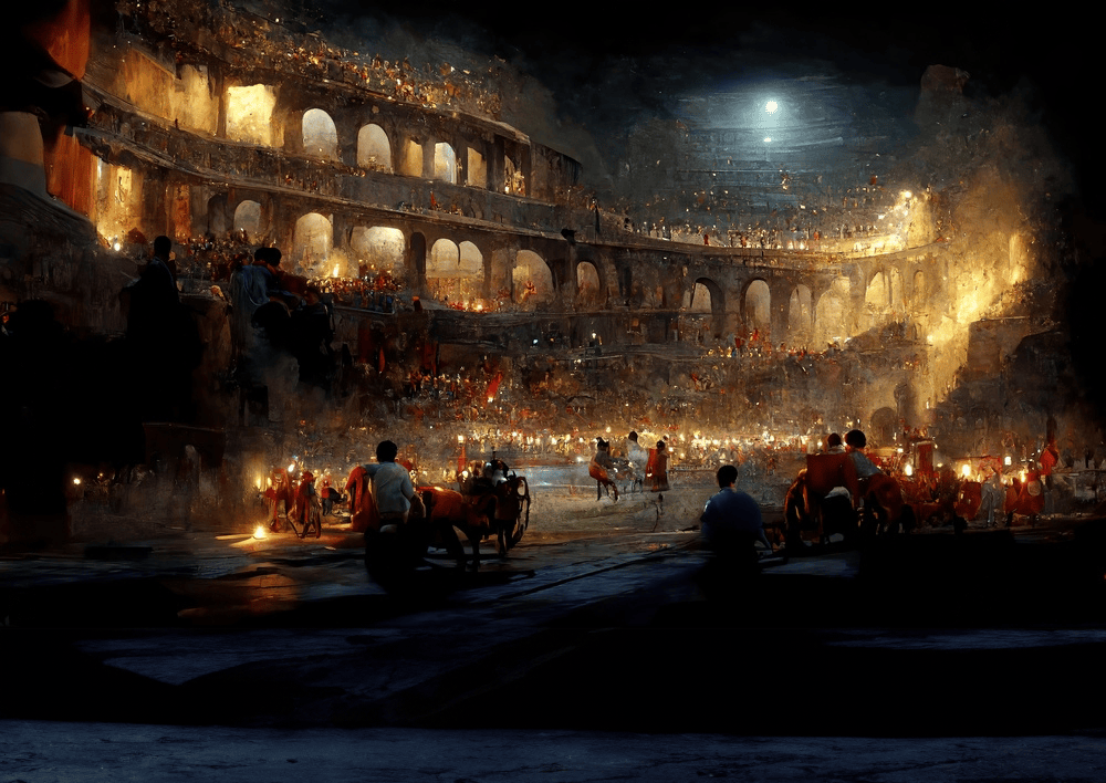 A cande-lit and busy coliseum in ancient rome