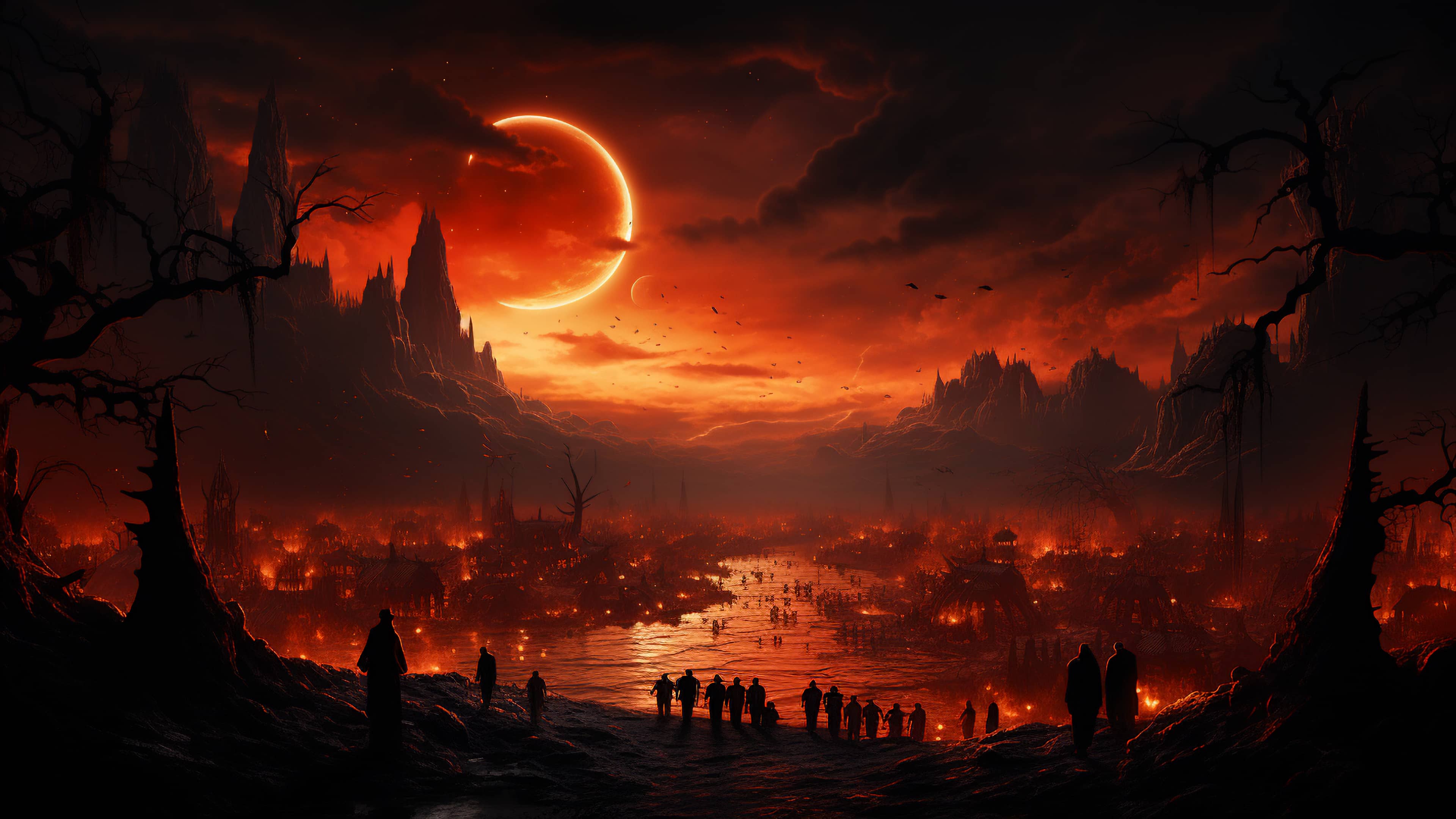 A fiery landscape with a total solar eclipse